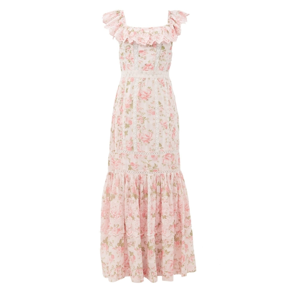 LOVESHACKFANCY Niko Ruffled Lace-insert Floral-print Cotton Dress